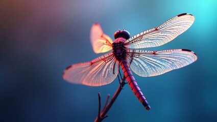 A vibrant dragonfly perched delicately on a twig, its iridescent wings spread wide against a blurred blue background