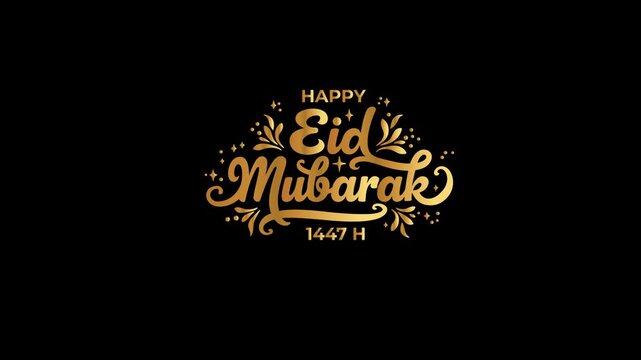 Happy Eid Mubarak Golden Calligraphy with Confetti on Black Background.