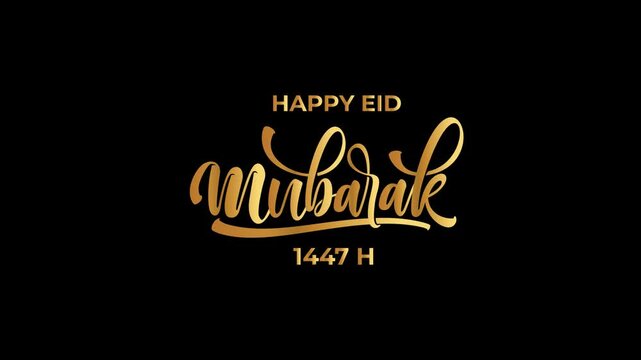 Happy Eid Mubarak Golden Calligraphy with Glittering Lights on Black Background.