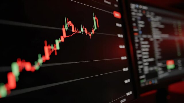 Stock market chart displays candlestick patterns showing trading data on screen. Financial graph reveals market trends with candlestick analysis. Trading chart shows stock price movements on display.