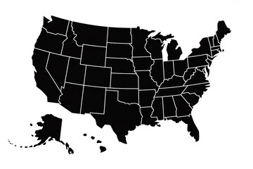 A black and white silhouette map of the United States of America showing all 50 states. © jesmin