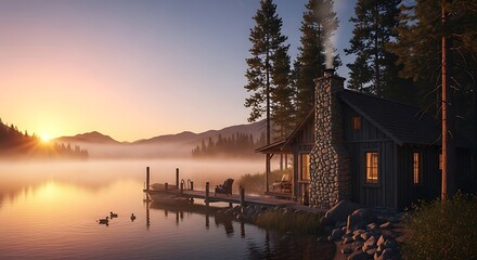 Fototapeta premium Lakeside Cabin at Sunrise.