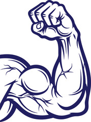 Naklejka premium Flexing bicep muscle with fist clenched graphic illustration in dark blue color over transparent background