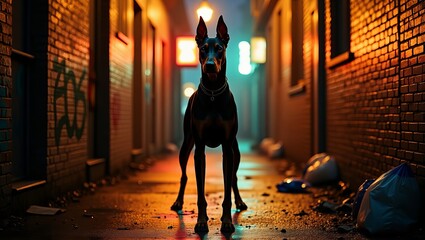 A Doberman stands alert in a dimly lit alleyway surrounded by urban decay and litter