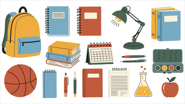 School Stationery Set &ndash; Hand-Drawn Illustrations of Calendar, Backpack, Glue, Books, Ruler, Pencil, Pen, Lamp, Pencil Case, Eraser, Ball & Paper Clip.