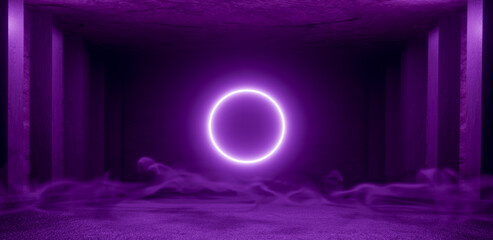 Fototapeta premium A dark, smoky room. An empty, dark, futuristic, sci-fi room with lights and a circle-shaped neon light on the surface. 3D illustration.