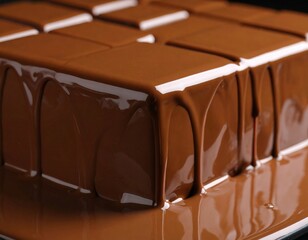 Rich Chocolate Cake With Glossy Ganache Drizzle Overlapping A Rectangular Baked Pastry With Square Slices A Delicious Dessert With Melded Chocolate Texture
