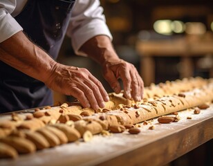 Baker Hands Arranging Nuts On Long Bread Dough Prepared For Baking In Warm Rustic Kitchen Lighting