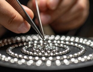 Close Up Of Hands Using Tweezers To Place Small Metallic Sphere On Intricate Pattern Of Spheres On Dark Surface