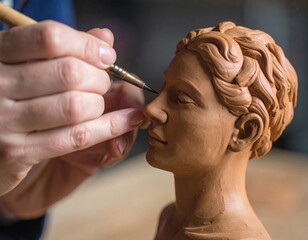 Close up of Artist Sculpting A Terracotta Bust Of A Young Woman In A Studio With Natural Lighting And Soft Focus Background