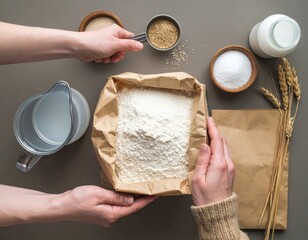 Hands Pouring Dry Ingredients Into A Paper Bag Of Flour For Baking With Sugar Wheat And Milk In A Rustic Kitchen Overhead Shot