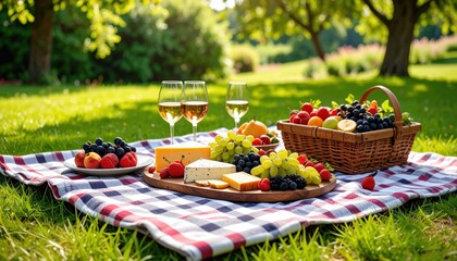 Summery Picnic Feast On A Plaid Blanket In A Lush Green Garden With Sunlight Filtering Through Trees