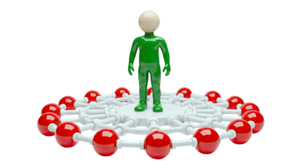 Green Man standing on a platform surrounded by a red sphere molecular structure