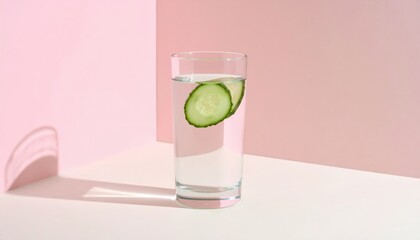 Clear Refreshing Cucumber Infused Water in Tall Glass with Sliced Cucumbers and Soft Pink Background Lighting Shadows