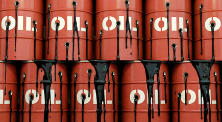 Schwarzes &Ouml;l str&ouml;mt aus Einschussl&ouml;chern von gestapelten &Ouml;lf&auml;ssern