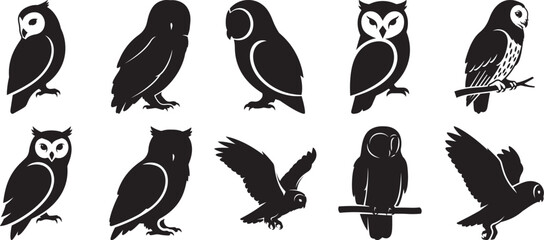 Obraz premium A captivating collection of diverse owl silhouettes showcasing various poses and artistic styles Vector