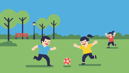 Fototapeta premium Cheerful children playing soccer in a sunny park on a beautiful day, enjoying outdoor activities and sports