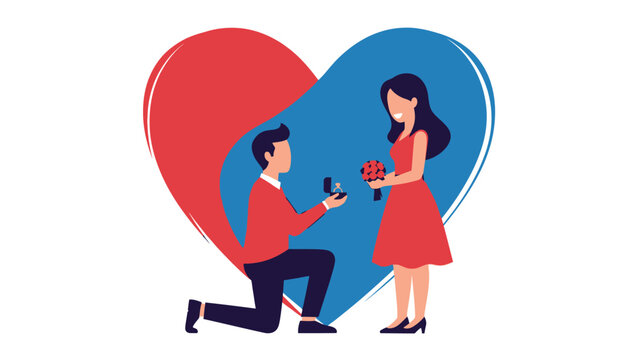 Vibrant illustration of a man on one knee proposing marriage to a happy woman, presenting an engagement ring inside a large stylized heart, symbolizing love and commitment for a romantic relationship