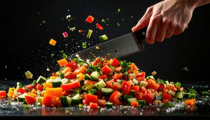 Hand Chopping Fresh Colorful Vegetables Into A Pile Against A Dark Background With Dramatic Lighting