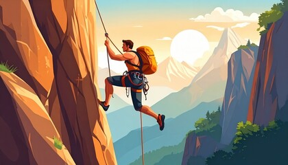 Muscular Man Climbs Steep Rocky Mountain Cliff Face With Golden Backpack During Sunset With Hazy Mountain Range Background
