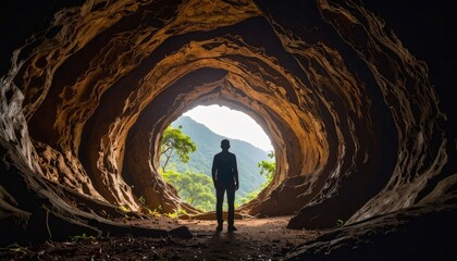 Lone Adventurer Silhouetted Against Cave Entrance Bathed in Natural Sunlight Amidst Lush Greenery
