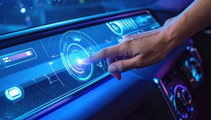 Close Up Of A Human Hand Touching A Futuristic Digital Dashboard Display With Blue Neon Lights And Complex Interface In The Dark