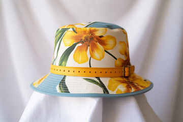 A bucket hat with a vibrant yellow and white floral print pattern on the crown, featuring orange flowers and green foliage scattered across the fabric.