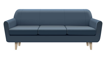 Obraz premium Modern blue sofa isolated on transparent background, comfortable three seater couch for living room interior, minimalist furniture 3D illustration