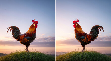 Two rooster images side by side with vibrant plumage standing on grassy hill at dusk, representing the dawn, rural scene, or farm life concept