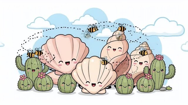 Cute Animation Seashells Cactus and Bees Under Blue Sky
