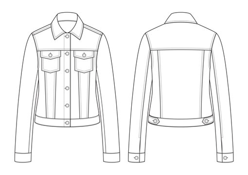 Vector fashion technical drawing of a denim jacket with front and back view. Long sleeve. Front pocket. Shank button. Woven fabric.