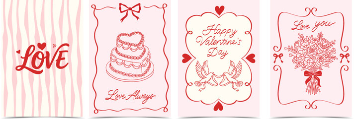 Pink Valentine's Day card set featuring hand-drawn hearts, cakes, and bouquets, ideal for holiday greetings and packaging design. © yanli