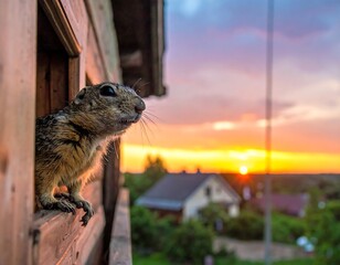 Curious ground squirrel peeks from wooden frame, soft sunset light on fur, houses and lush green below