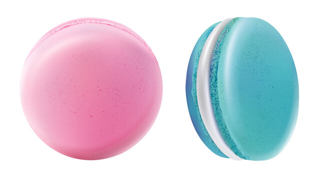 Realistic pink and blue French macarons isolated, sweet colorful pastry dessert for bakery menu, delicious confectionery 3D vector illustration transparent background