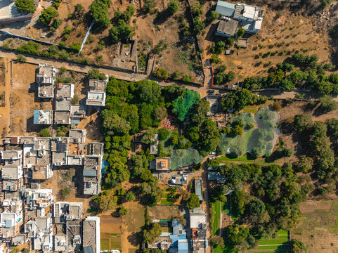 Aerial view of white buildings clustered amidst dry, golden earth contrasting vividly with the deep green foliage of the trees, Pushkar Rural, Rajasthan, India.