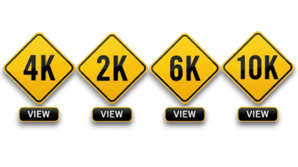 A set of options depicted as a yellow diamond warning sign isolated on a transparent background, from 2,000 to 10,000 views
