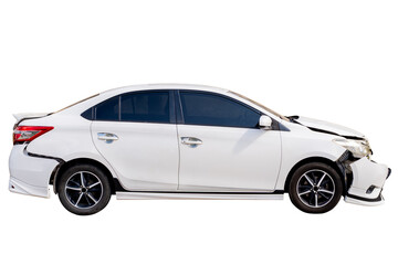 Car crash, Side view of white sedan car get damaged by accident on the road. damaged cars after collision. isolated on transparent background,car crash bumper for graphic design, PNG File