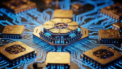 Closeup of a circuit board with gold microchips and blue connections