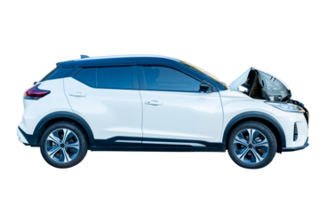 Car crash,  Side view of white sedan car get damaged by accident on the road. damaged cars after collision. isolated on transparent background. PNG File