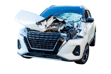 Car crash, Front and Side view of white sedan car get damaged by accident on the road. damaged cars after collision. isolated on white background ,car crash bumper for graphic design, PNG File