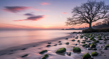 Scenic shot of a rocky beach at sunset, featuring a bare tree, smooth water, and soft pink and purple sky, representing nature's serene beauty