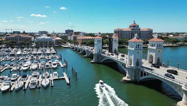 Aerial Drone Footage of Bridge of Lions, St. Augustine Florida with Marina and City Skyline 4k Video