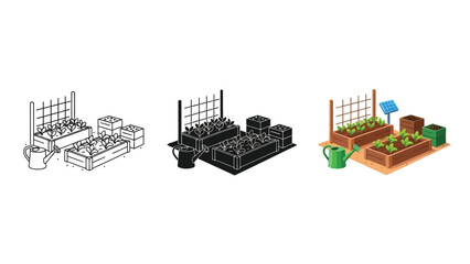 Naklejka premium Raised garden beds with trellis and watering can in three styles outline, silhouette and color illustration