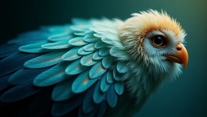 A majestic bird with vibrant blue feathers and a sharp orange beak gazing intensely into the distance, captured in a close-up portrait against a dark, muted green background.