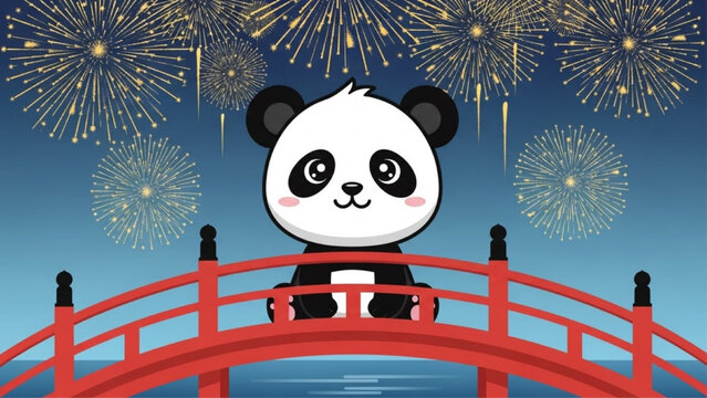 Cute panda on red bridge with golden fireworks