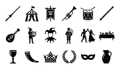 Comprehensive collection of medieval entertainment and historical festival flat icons for engaging event promotion, cultural celebration, and historical theme designs