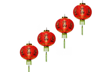 Red chinese lanterns hanging in a row isolated on transparent background