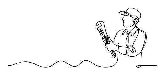 Minimalist one line drawing of a professional plumber holding a pipe wrench, ready for repair and maintenance service, perfect for business advertising and professional trade graphics.