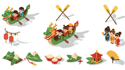 Isometric dragon boat festival elements with kids and traditional decorations