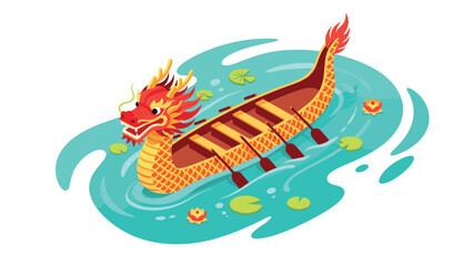 Obraz premium Colorful dragon boat on water with lotus flowers in flat design